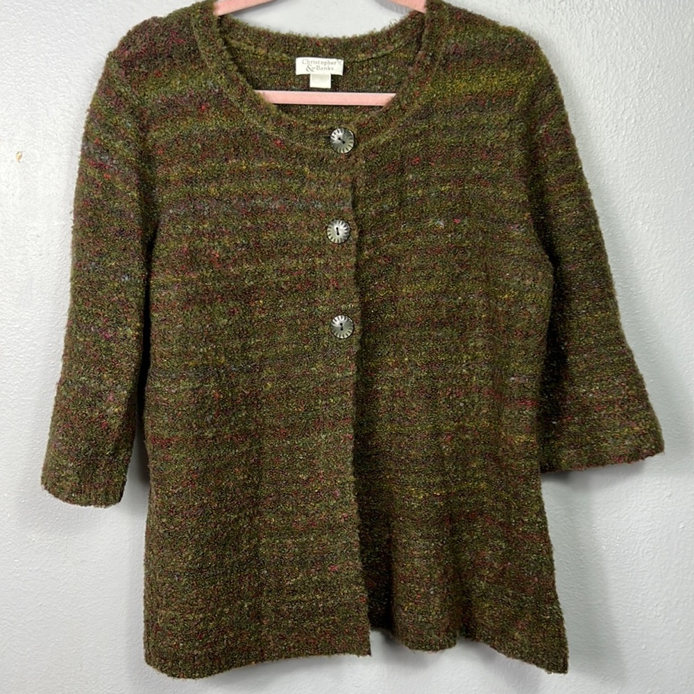 Christopher & Banks Olive Marled 3 Button 3/4 Sleeve Cardigan Sweater Medium